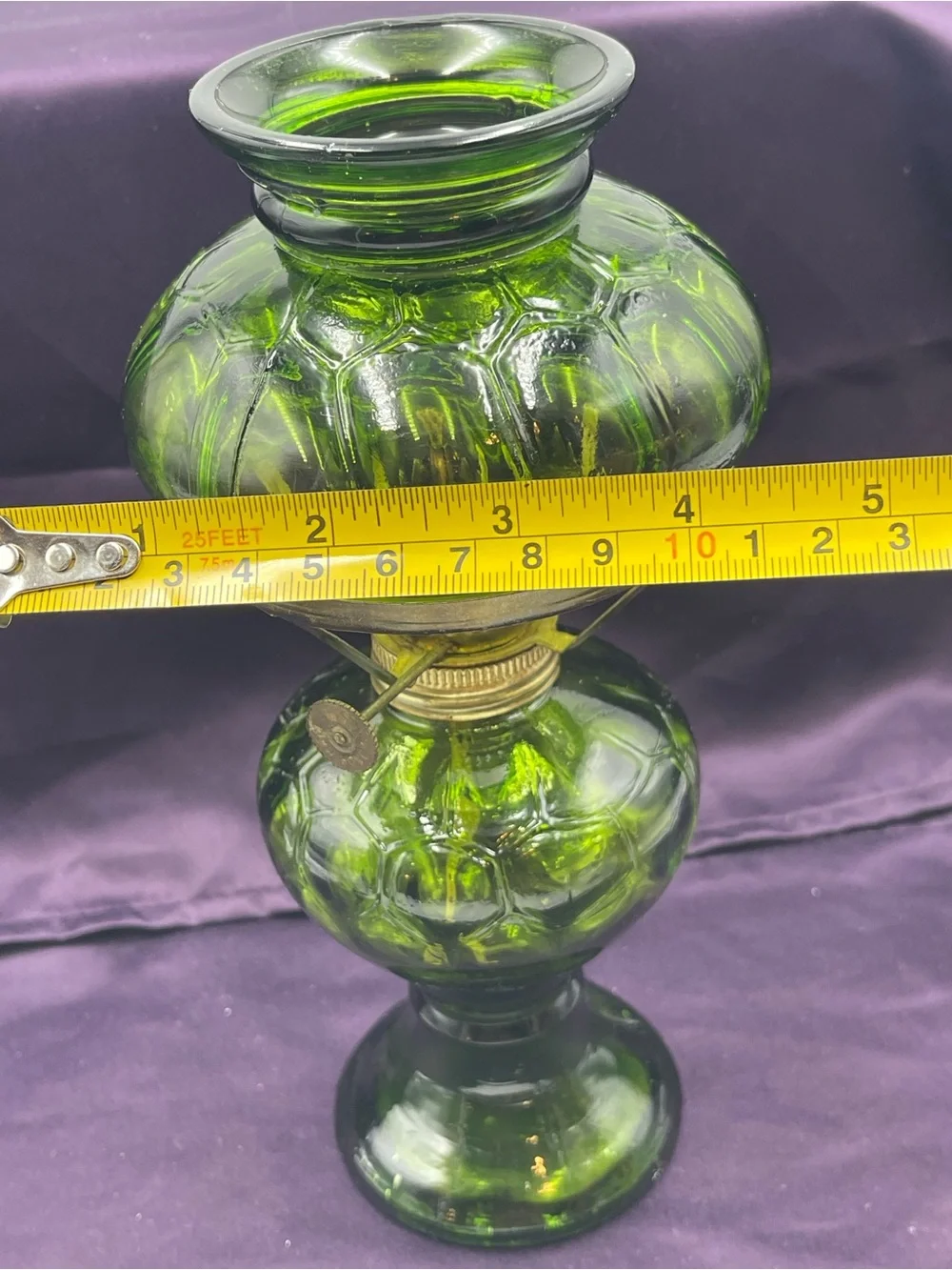 Vintage Emerald Green Pressed Glass Hurricane Oil Lamp w/Brass Metal Wick Collar